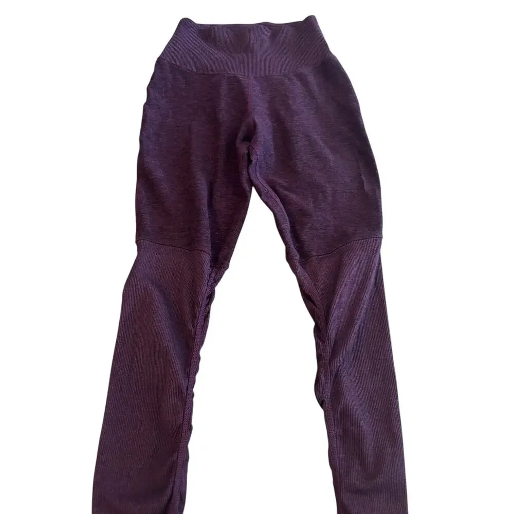ALO YOGA HIGH-WAIST GODDESS RIBBED LEGGINGS SPACE DYE MAROON SIZE XXS DAMAGED